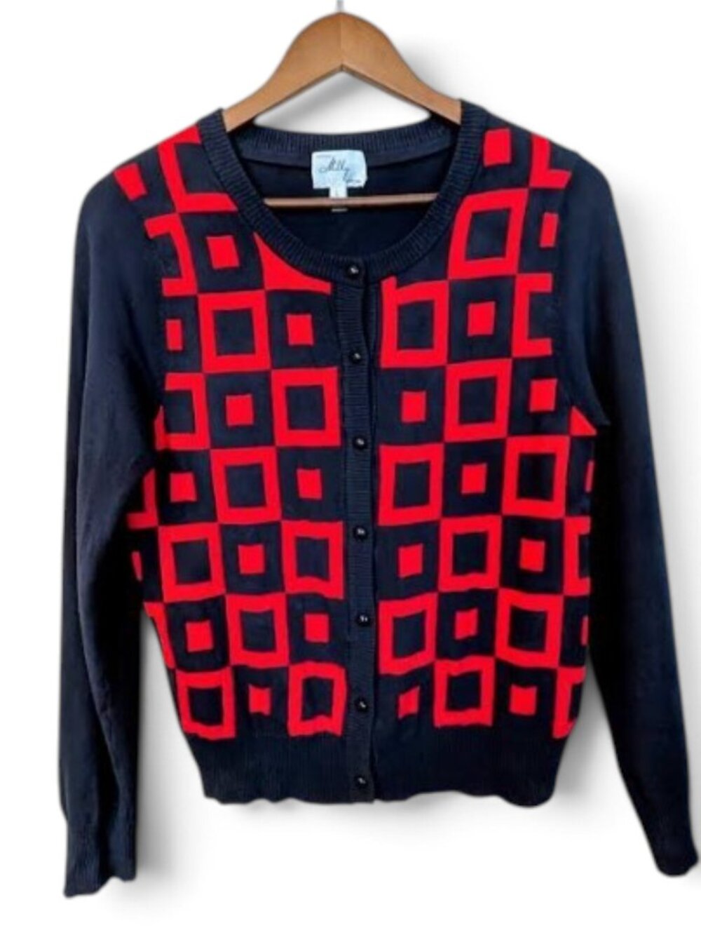 Milly of New York Geometric Pattern Navy Red Cardigan Size L NWOT